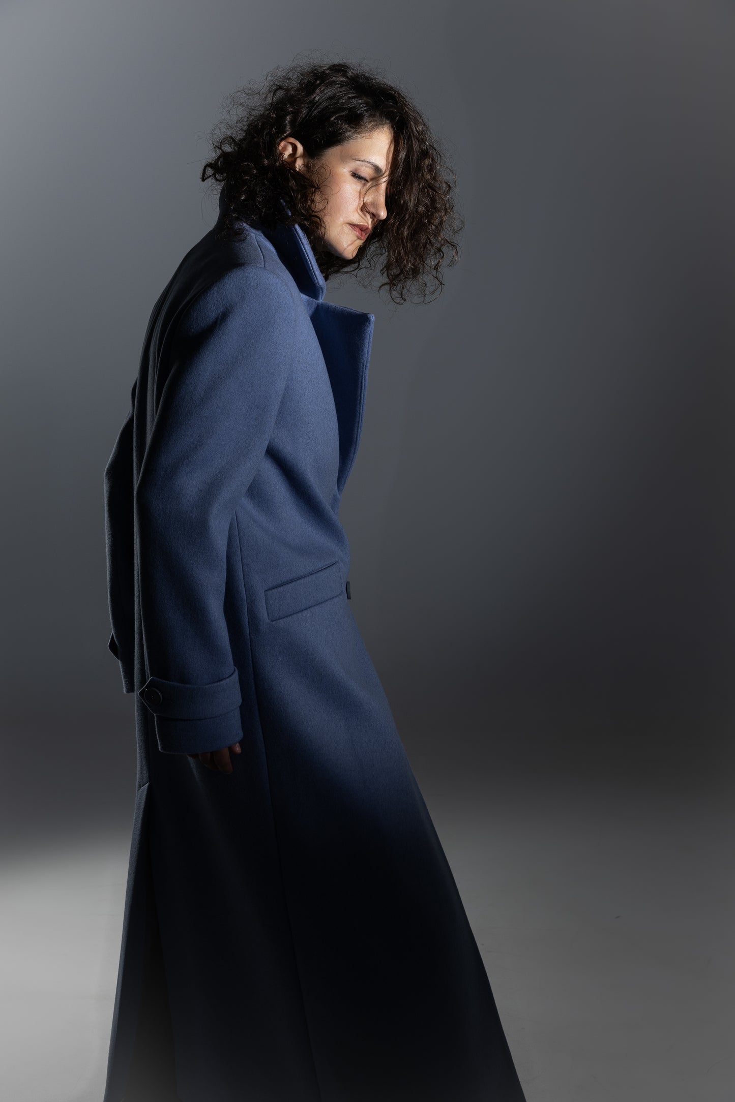 Double-breasted blue maxi coat