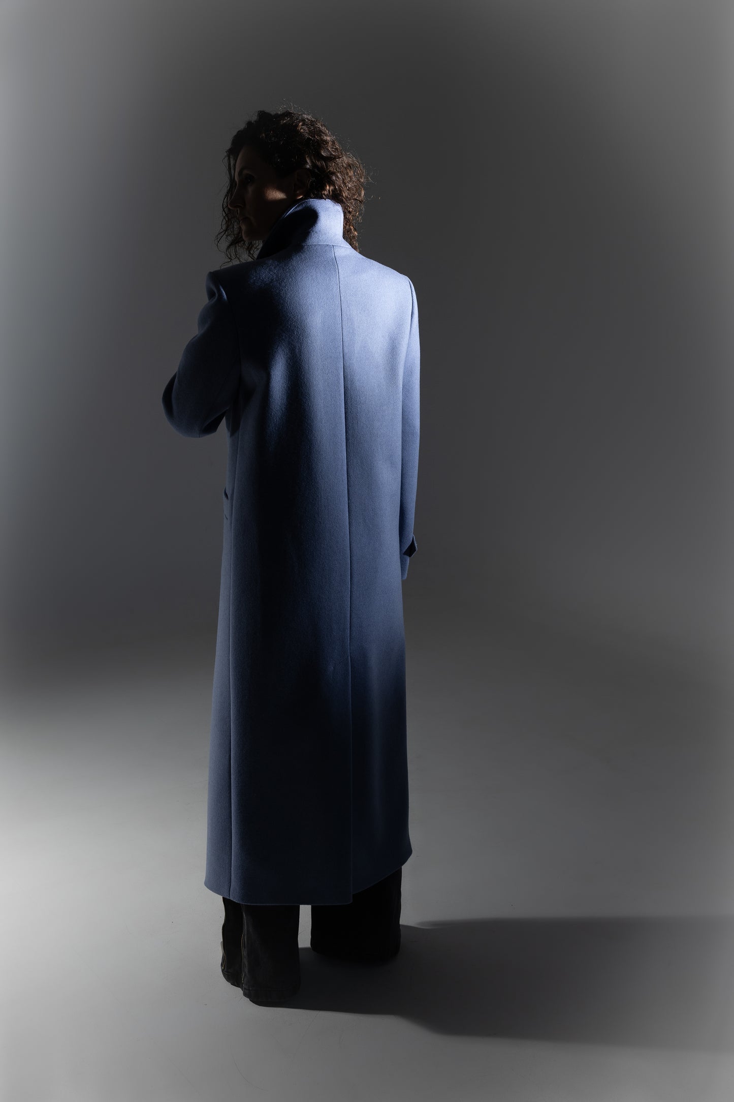 Double-breasted blue maxi coat