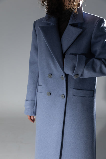 Double-breasted blue maxi coat