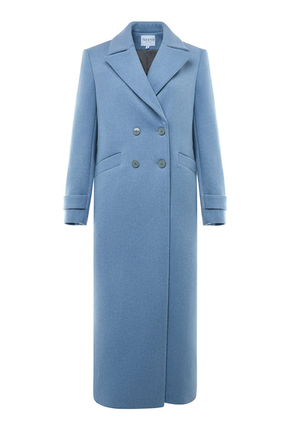 Double-breasted blue maxi coat